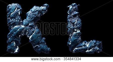 Set of capital letters K, L made of ice isolated on black background. 3d rendering