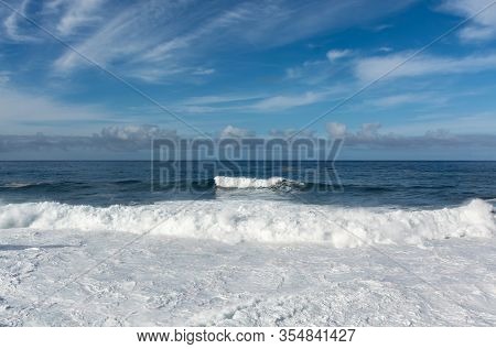 Dangerious Ocean Stormy Waves Hits Black Lava Rocks By Faro De Las Hoyas, La Palma Island, Canary, S
