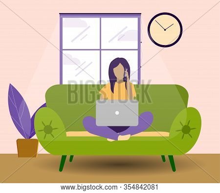 Girl With Laptop Sitting On The Sofa. Freelance Or Studying Concept. Cute Illustration In Flat Style