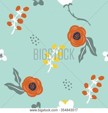 Seamless Pink Flower Floral Leaf Pattern. Stylish Repeating Texture. Orange Background With Pink Flo
