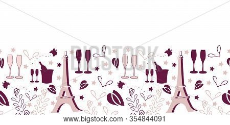 Romantic Vacation Border-love In Parise Seamless Repeat Pattern Border With Eiffel Tower Champagne G