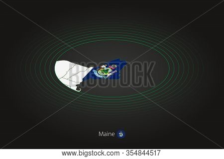 Maine Map In Dark Color, Oval Map With Neighboring Us States. Vector Map And Flag Of Us State Maine