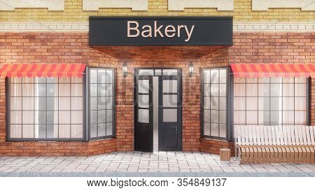Bakery Or Shop With Delicious Pastries. Exterior Of A Building Near The Road - Front View. View From