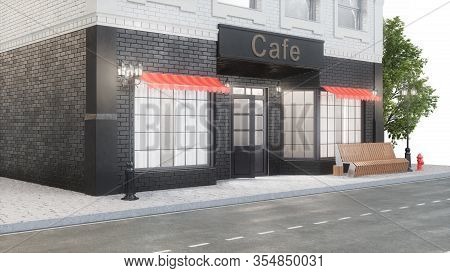 Cafe Or Coffee Shop. Exterior Of A Building Near The Road. The View From The Street Is A Bench With 