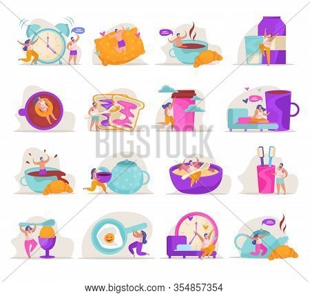 Morning People Flat Recolor Collection Of Isolated Doodle Style Compositions With People Characters 