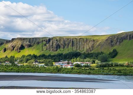 Village Of Kirkjubaejarklaustur In South Iceland On A Sunny Summer Day