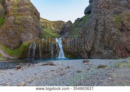 Stjornarfoss Waterfall Near Kirkjubaejarklaustur In South Iceland On A Summer Evening