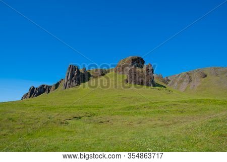 Rock Formations Near Kirkjubaejarklaustur In South Iceland On A Sunny Summer Day