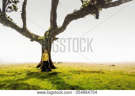 Traveller woman feeling the power of the nature at an ancient forest