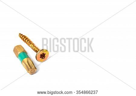 Torx Screws With Torx Bit Isolated On White Close Up