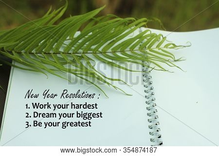New Year Resolutions List Concept - Work Hard. Dream Your Biggest. Be Your Greatest. With Green Fern