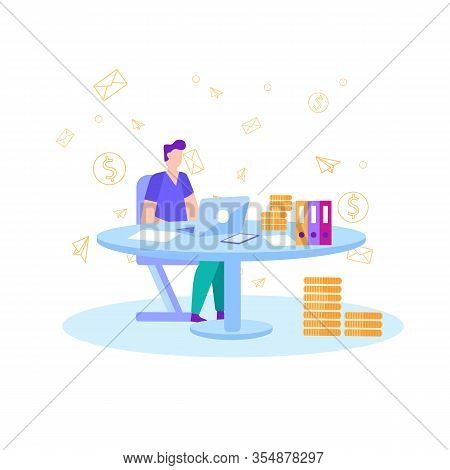 Man Banker Analyst Thinking Analyzing Profit Income Working On Laptop Sitting At Desk With Documents