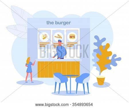 Burger Cafe Or Fast Food Restaurant With Cartoon People Characters Buying And Selling Burgers. Local