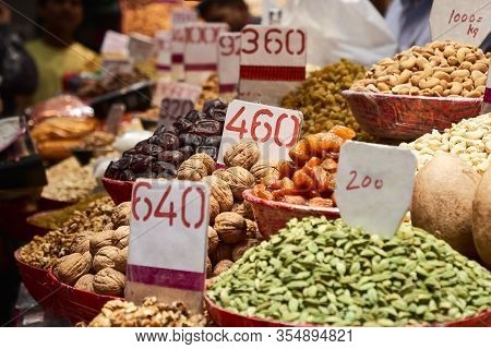 Dried Fruits And Nuts On Local Food Market In Old Delhi, India.