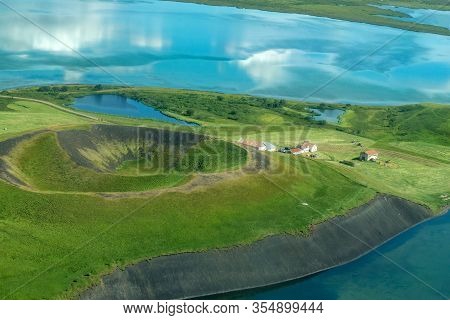 Volcanic Craters In Iceland Aerial View From Above, Myvatn Lake