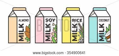 Set Of Different Vegetable Milk - Almond, Rice, Coconut, Soybeans. Vegan, Vegetarian Product.