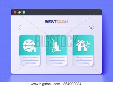 Set Hand Truck And Boxes, Globe With House Symbol And House With Shield Icon. Vector