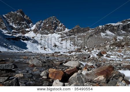 Renjo Pass: Mountain Peaks And Stream In Himalayas
