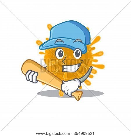 Mascot Design Style Of Coronaviruses With Baseball Stick