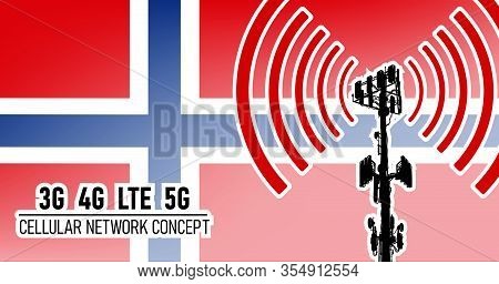 Cellular Mobile Tower Connection Network Concept For Norway, Vector Illustration Of 3g 4g Lte And 5g
