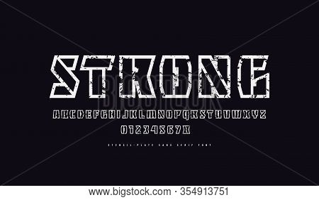 Hollow Stencil-plate Sans Serif Font. Letters And Numbers With Rough Texture For Military And Sport 