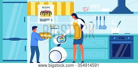Domestic Robot Helping Cooking On Kitchen Showing On Screen Recipe Of Dish To Woman. Boy Bringing Eg