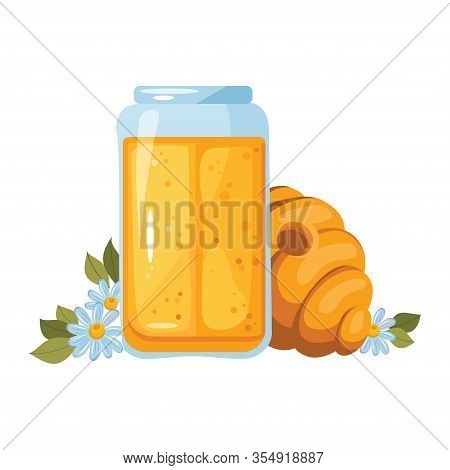 Still Life With Honey Concept. Honeycomb, Glass Of Honey, Daisy Flower - Isolated On White Backgroun
