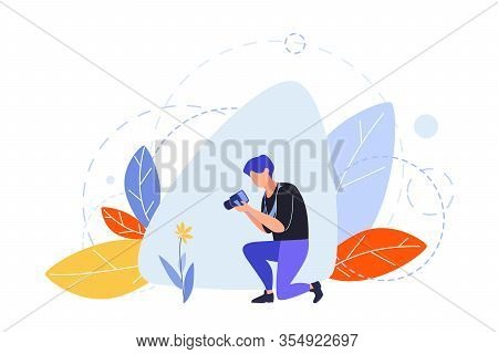 Hobby, Photographing, Creative Occupation Concept. Illutration Of Man, Boy, Male Blogger, Journalist