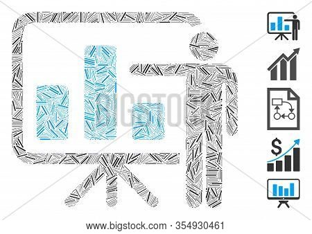 Hatch Mosaic Based On Bar Chart Presentation Icon. Mosaic Vector Bar Chart Presentation Is Designed 