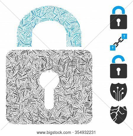 Hatch Mosaic Based On Lock Icon. Mosaic Vector Lock Is Created With Random Line Dots. Bonus Icons Ar