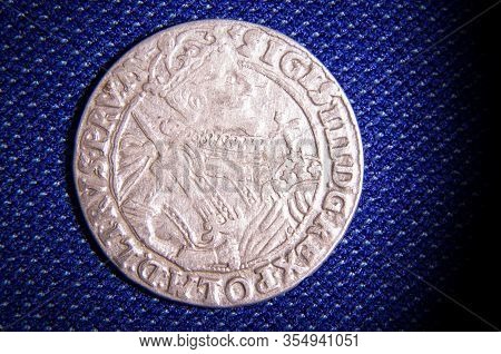 Grand Duchy Of Lithuania Coin Ort On The Blue Fabric Background