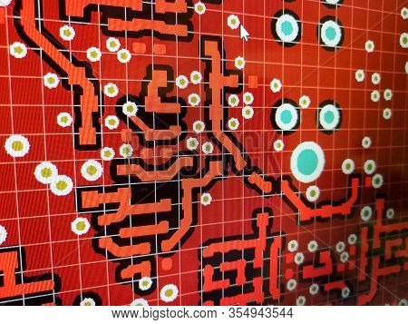 Close Up Computer Screen View Of Pcb Design Layout Routing Process In Specialised Software