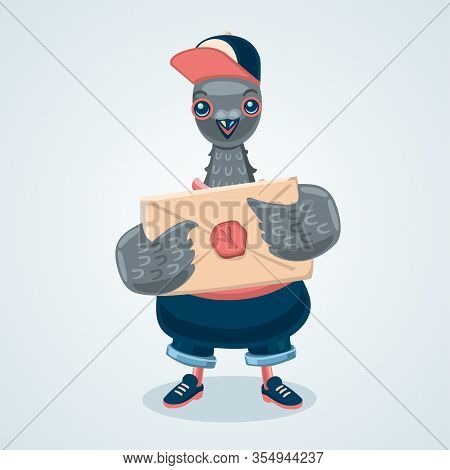 Pigeon Courier Boy. Humanized Dove Postman Cartoon Style Illustration. Delivery Bird. Vector Graphic