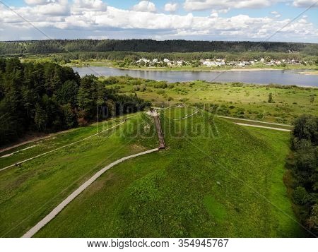 Aerial View Of Pypliai Mound In Kacergine Town, Lithuania