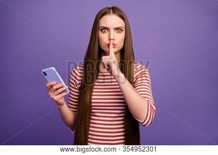 Be Quiet Dont Share. Serious Youth Girl Use Smartphone Have Private Social Media Communication Show 