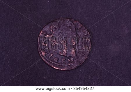Ancient Grand Duchy Of Lithuania Coin Shilling Isolated On The Black Background