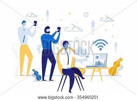 Workflow In Office Or Stock Exchange, Investment Agency. Employees, Men Cartoon Characters Monitor S