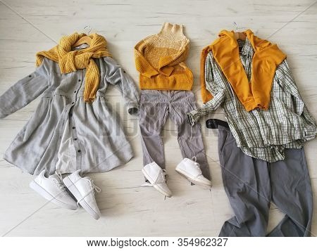 Clothes Are Lying On The Floor, As If It Were Dressed By A Man. Options For Dresses For A Man Or A W