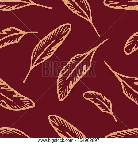 Seamless Pattern With Yellow Outline Of Bird Feathers. Hand Drawn Vector Illustration On A Red Backg