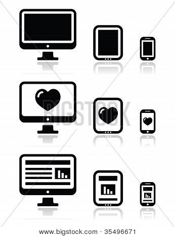reaktionsschnelle Webseite Gestaltung Computerbildschirm, Mobile, Tablet Symbole Satz