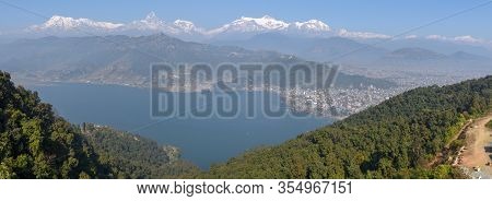 Arial View On Pokhara City, Lake Phewa And The Himalayan Range On Nepal