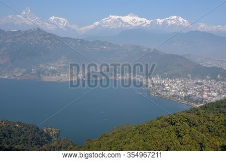 Arial View On Pokhara City, Lake Phewa And The Himalayan Range On Nepal