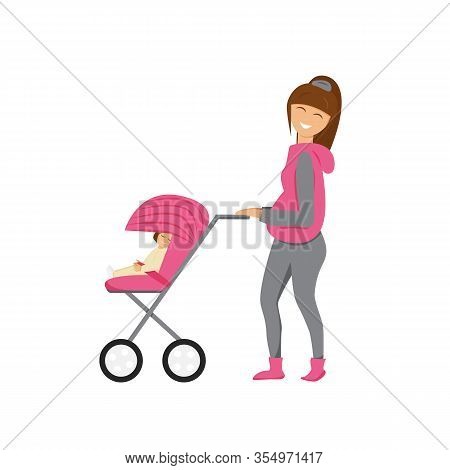 Vector Illustration Of Mother With Baby Carriage. Happy Brunette Mom Walking With Baby Girl. Cute Fl