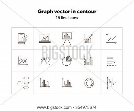 Graph Vector Icon Set In Contour Line Style. Graph Concept. Orientation, Pointer. Flat Vector Illust