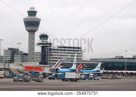 Amsterdam, Netherlands - December 6, 2018: Atc Towers At Schiphol Airport In Amsterdam. Schiphol Is 