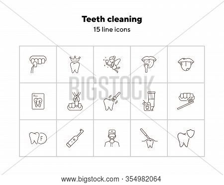 Teeth Cleaning Line Icon Set. Doctor, Brush, Toothpaste, Fairy. Dental Care Concept. Can Be Used For