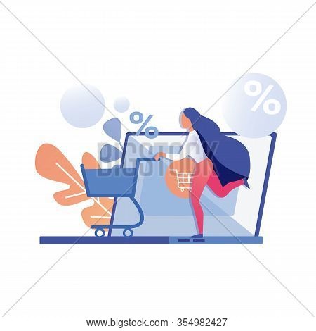 Woman Running Shopping Trolley For Goods Online Store Hurry Big Discount Buy Black Friday Promotion 
