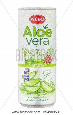 Ukraine, Kiev - February 27. 2020: Aluminium Can Aloe Vera Aleo Premium Drink Contains A Lot Of Aloe