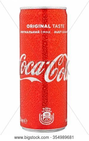 Ukraine, Kiev - March 03. 2020: Cans  330ml Coca Cola Isolated On White Background. Water Drops. Fil