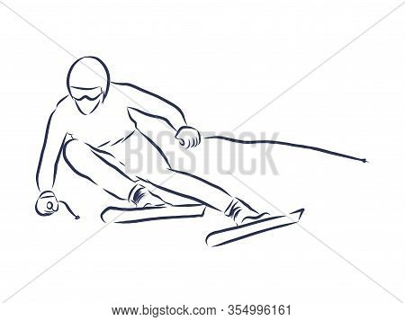 Freehand Drawing Of A Jumping Freestyler Skier With Equipment. Extreme Winter Sports.
